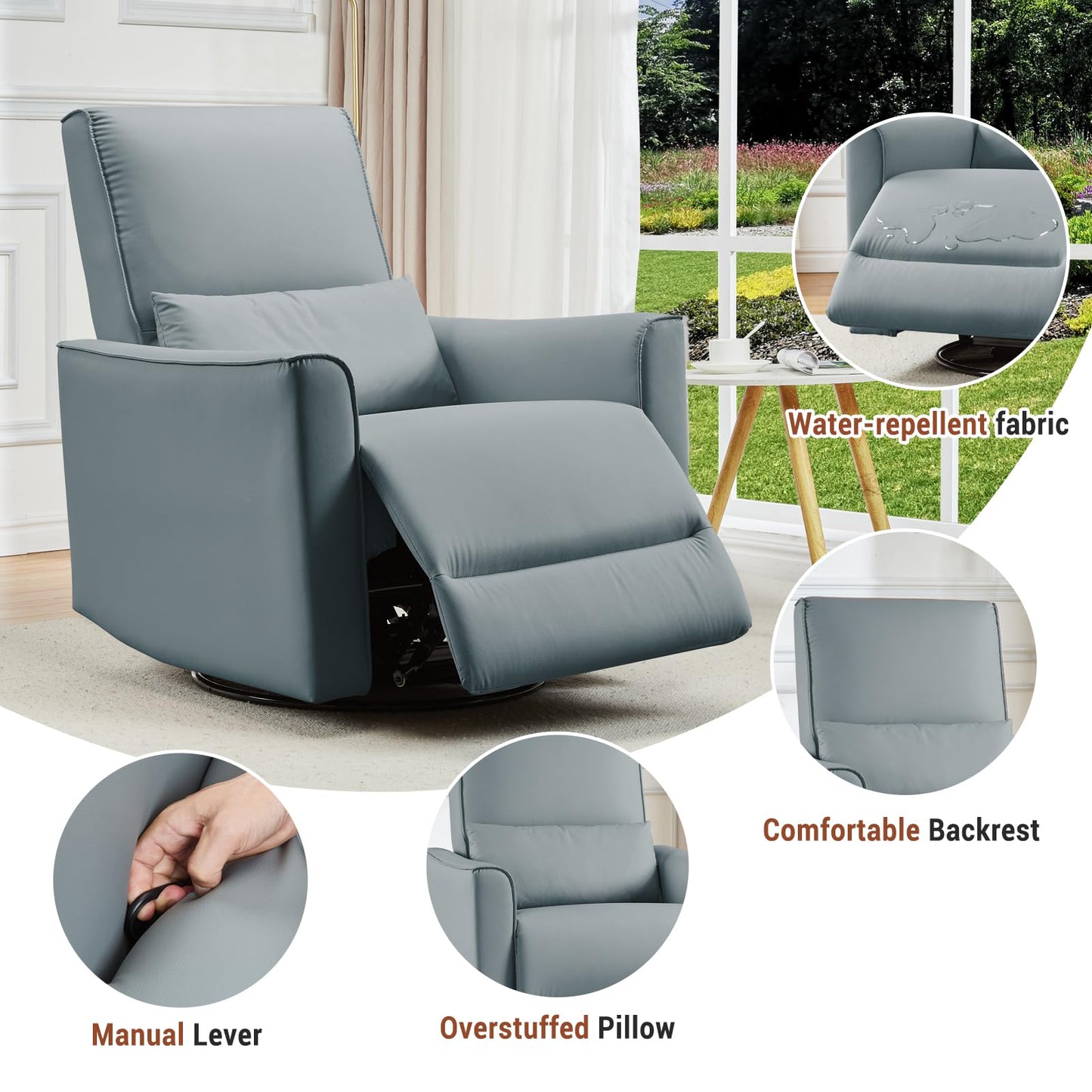 GarveeHome Swivel Rocking Recliner Chair, Upholstered Faux Leather Glider Recliner with Lumbar Support, high backrest & Padded armest, Manual Nursery Recliner for Living Room (Grey)
