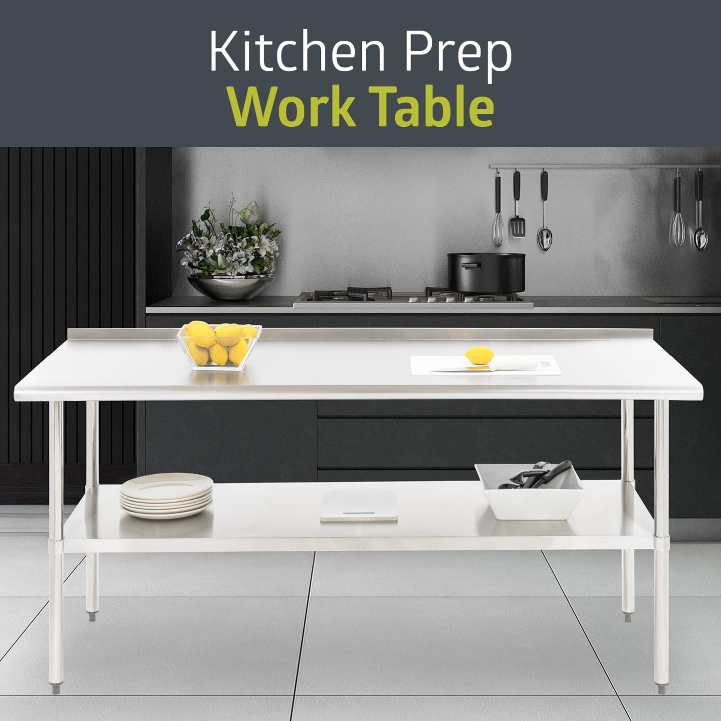 Pearington NSF Certified Stainless Steel Kitchen Prep and Work Table, Commercial Work Table for Restaurant and Home, 72" x 30", Stainless Steel