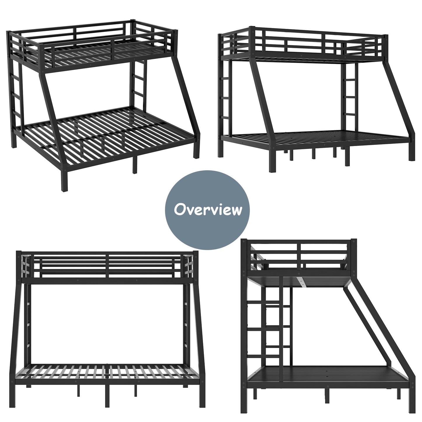 Bellemave Metal Twin XL Over Queen Bunk Bed for Adults/Kids,Heavy Duty Adults Bunk Beds with Guardrail & Ladders,Queen Size Bunk Beds for Teens,Black