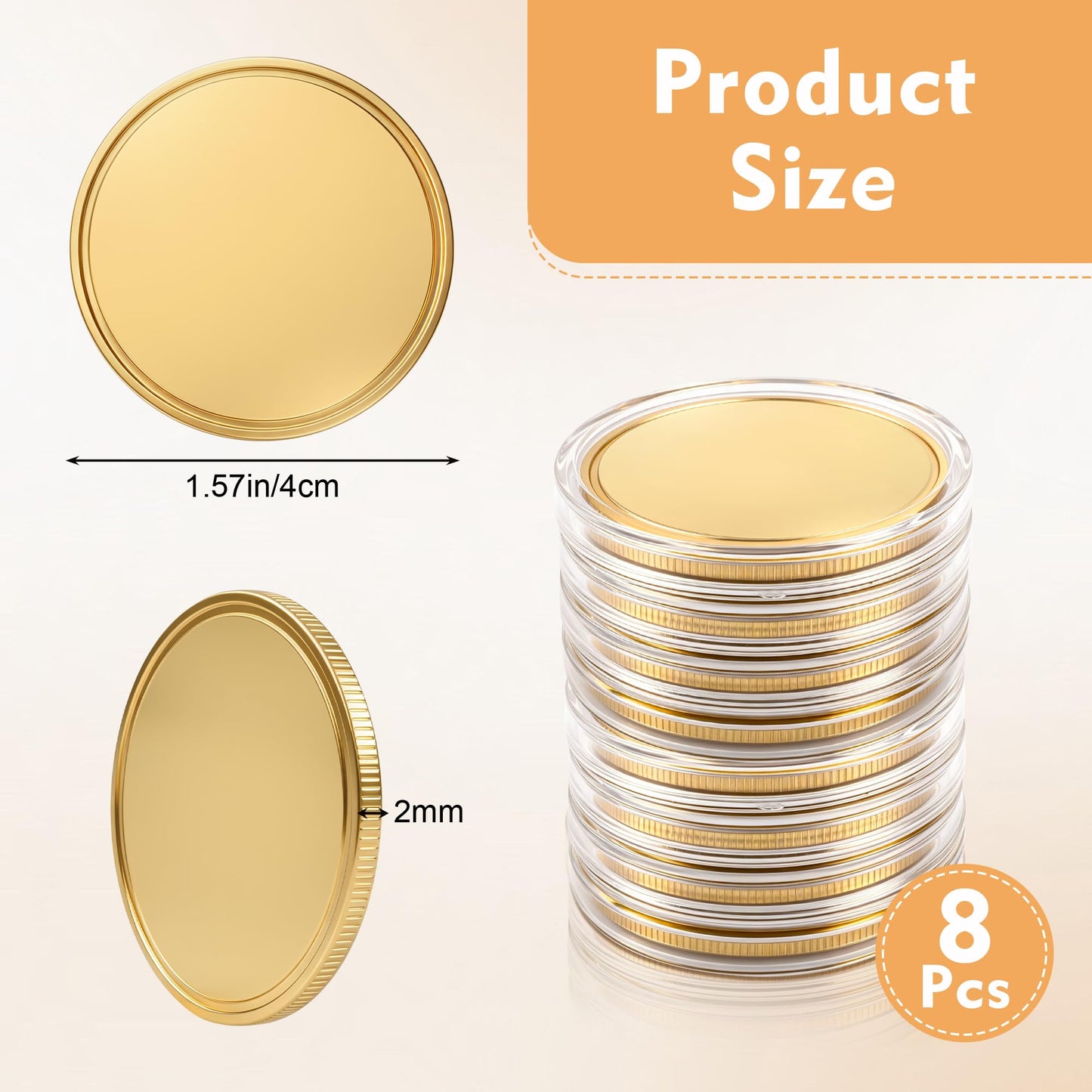 8Pcs 40mm Blank Brass Coins for Laser Engraving, Solid Blank Challenge Coin Set with with Acrylic Protection Box, Resealable Bag, Card, Tassel and Pen for DIY, Customization Gift & Memorial