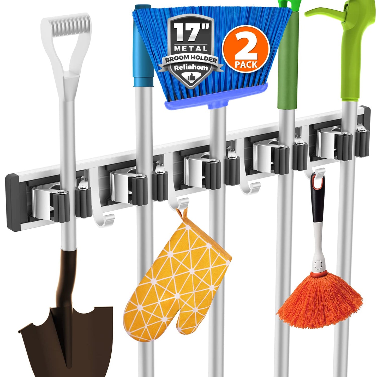 reliahom Broom Holder Wall Mount Mop and Broom Hanger Wall Mounted Garage Storage Rack Kitchen Garden Tool Organizer (4 Racks with 5 Hooks, Silver)