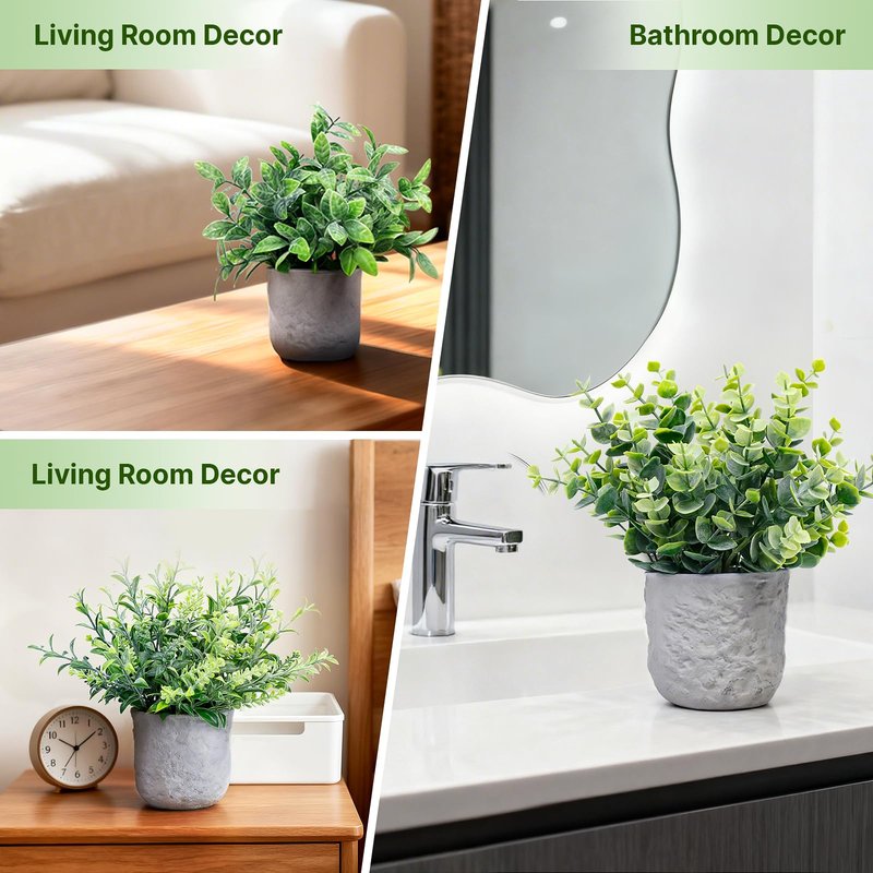 FGSAEOR Mini Potted Fake Plants, Small Artificial Greenery Realistic Plants Topiaries, Low Maintenance, for Home Office Shelf Desk Farmhouse Room Coffee Table Decor (3-Pack) (Grey (Round Pot))