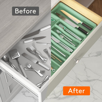 Lifewit Silverware Drawer Organizer, Expandable Utensil Tray for Kitchen, BPA Free Flatware and Cutlery Holder, Adjustable Plastic Storage for Spoons Forks Knives, 8.5"-14.1" x 12.1", Black