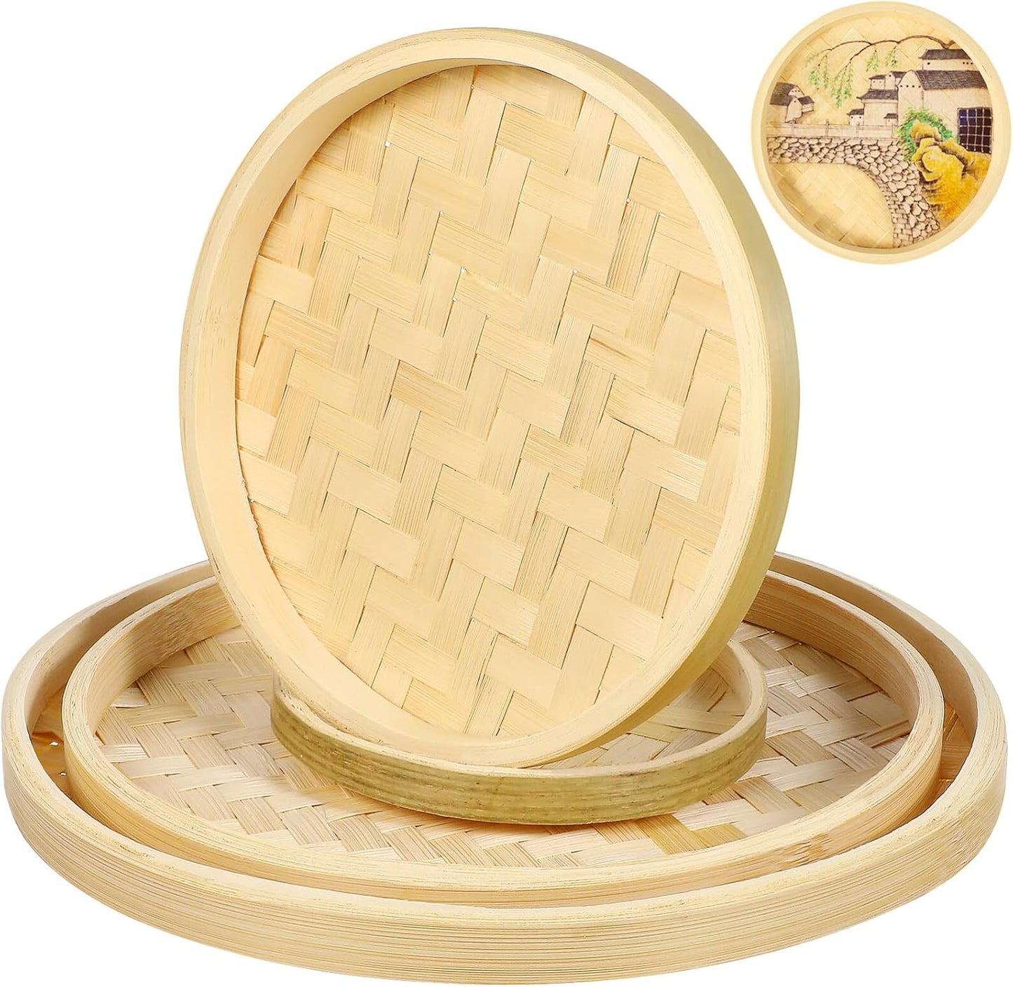 Luxshiny 4pcs Bamboo Weaving Basket, Mini Woven Tray for Bread Display and Craft Storage