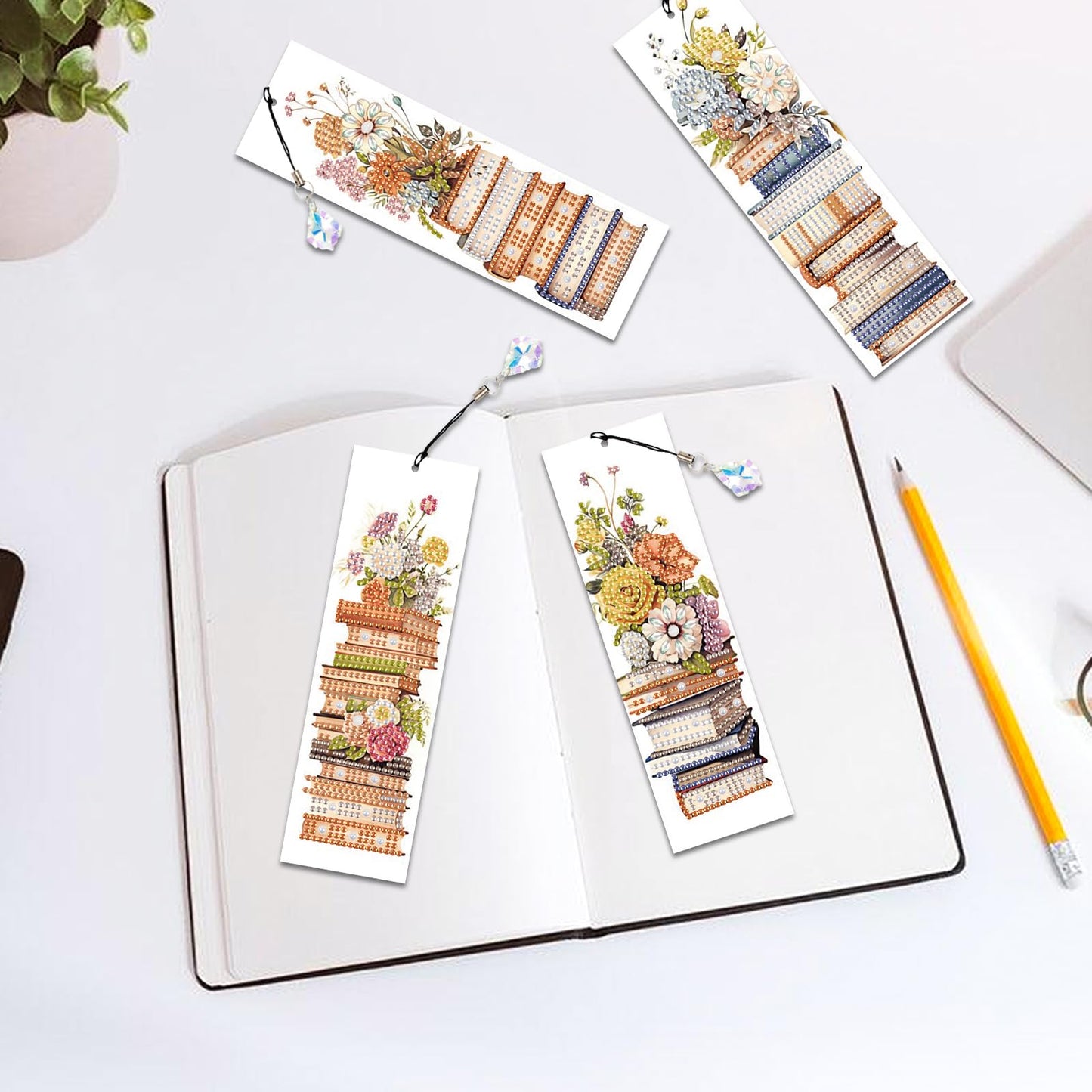 Focart 4 Pack Book and Flower Diamond Painting Bookmark Kits, Special Shaped Diamond Art Bookmarks with Pendant, DIY Handmade Crafts Home Office Supplies Reading Bookmark for Book Lovers