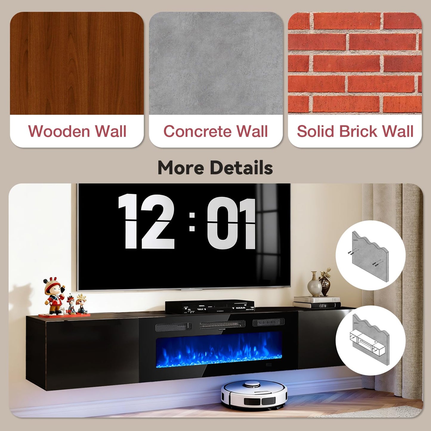 OneBlis 80'' Floating TV Stand with 40" Electric Fireplace, Wall Mounted Entertainment Center with Storage for TVs up to 90", Adjustable 12-Color LED Lights Media TV Console for Living Room