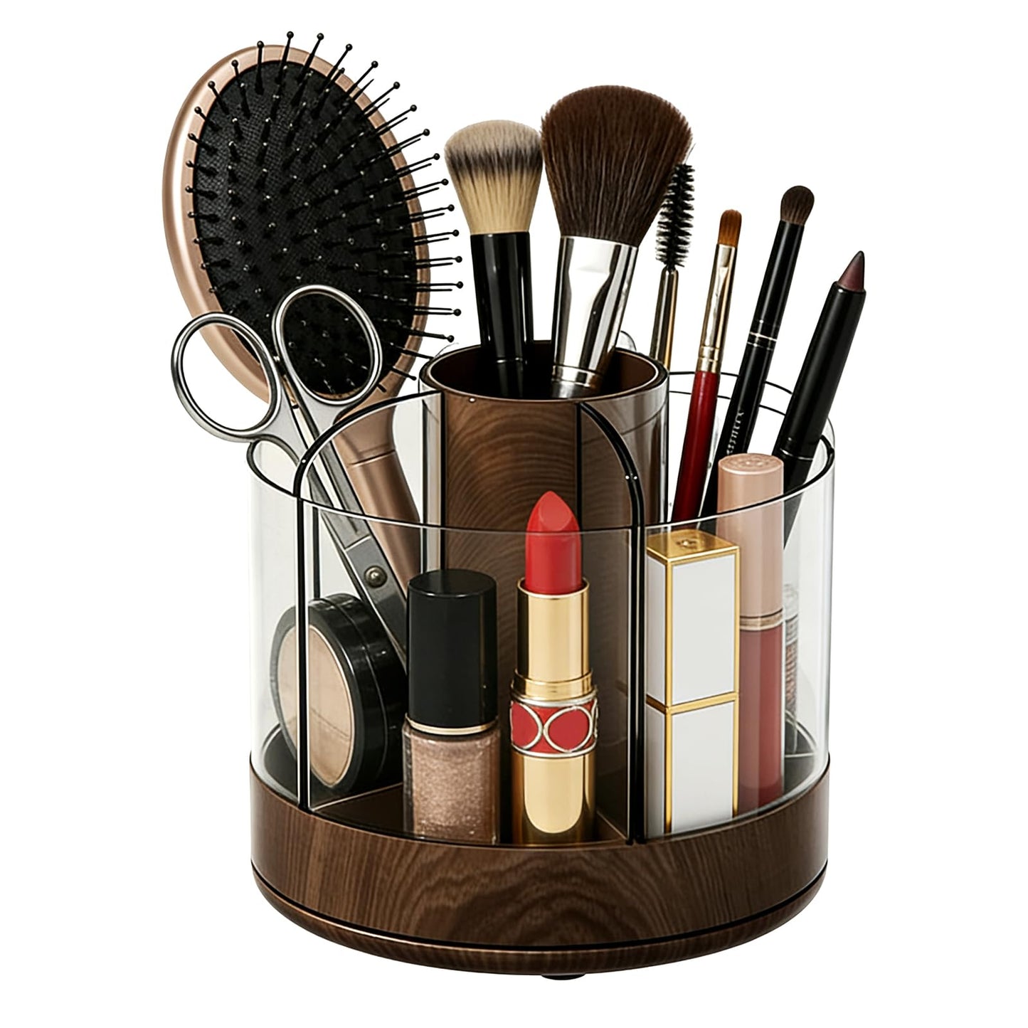 NULANCITIDE 360 Spinning Makeup Brush Holder, Acrylic Organizer with 6 Removable Compartments, Rotating Pen Holder for Desk, Bathroom Vanity Desktop Organizer for Cosmetics Art, Walnut
