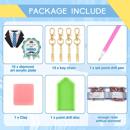 Ecally 15 Pcs Father's Day Diamond Painting Keychain Fathers Day 5D Diamond Art Ornaments Dad Gift Painting Key Rings for Family Party Decor DIY Craft