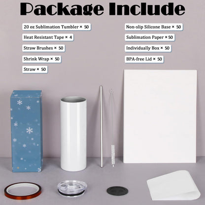 Maucircol 50 Pack Sublimation Tumblers Bulk, 20 oz Stainless Steel Tumbler Blank with Lid and Straw, Individually Boxed