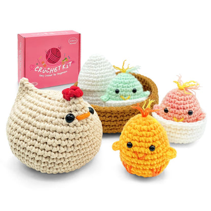 SGIBYN Crochet Kit for Beginners with Step-by-Step Video Tutorials, Starter Crochet Chicken Animals Kit for Women Teens, Handcraft Amigurumi Knitting Kits(Chicken Family)