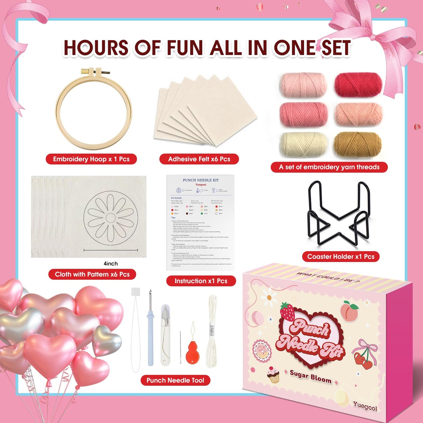 yuegool 6PCS Punch Needle Coaster Kit, Easy DIY Embroidery Set for Beginners & Adults with Patterns, Tools, Yarns, Hoop, Instructions & Coaster Holder
