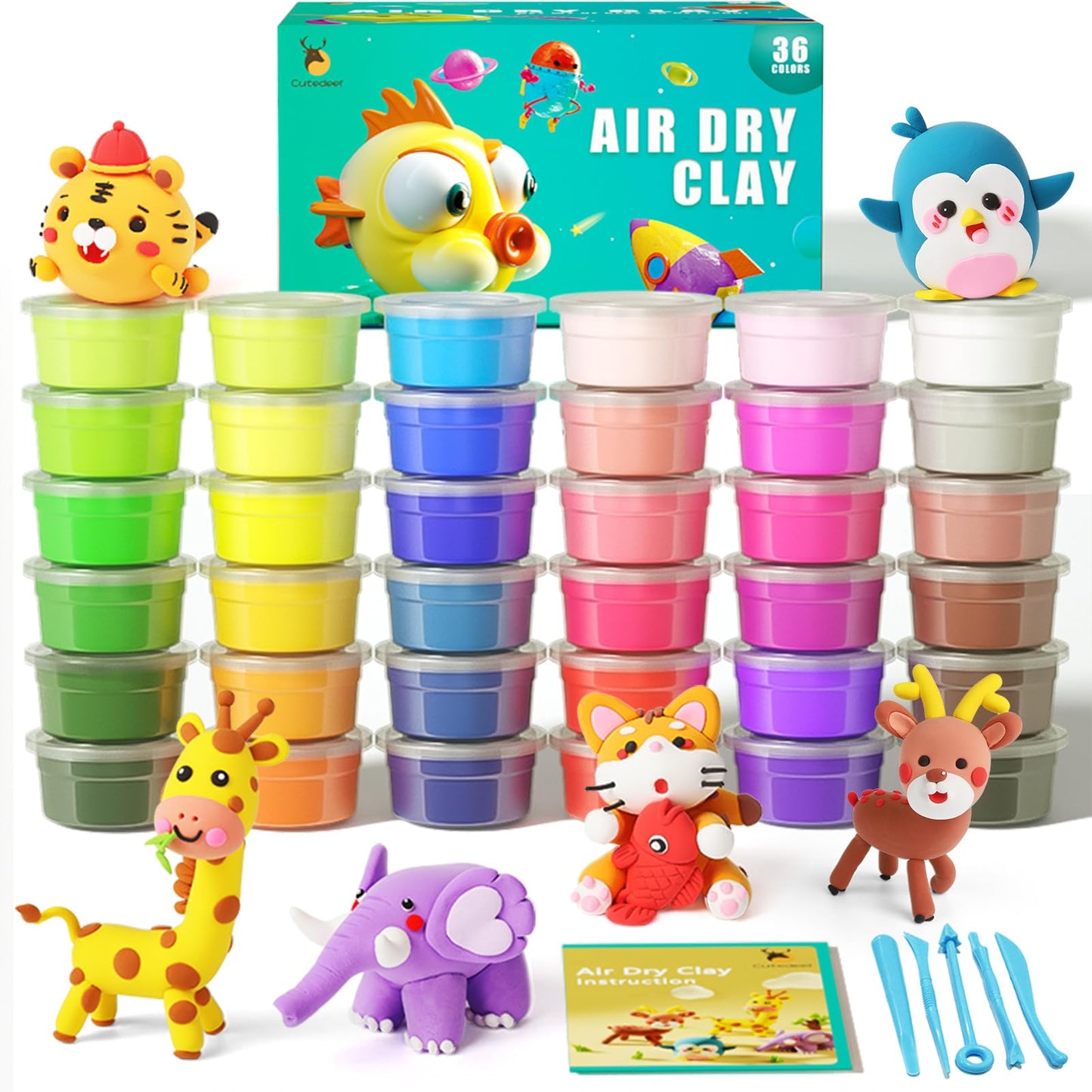 Cutedeer Air Dry Clay Kit, 36 Colors Modeling Clay for Kids, Soft Squishy Molding with Sculpting Tools and Tutorials, Arts Crafts Gift for Boys Girls