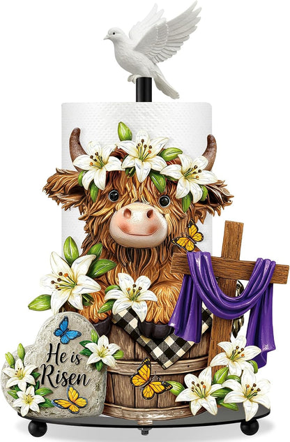 12.6 Inch Countertop Chunful Easter Highland Cow Metal Paper Towel Holder, Tall He is Risen Religious Kitchen Decor