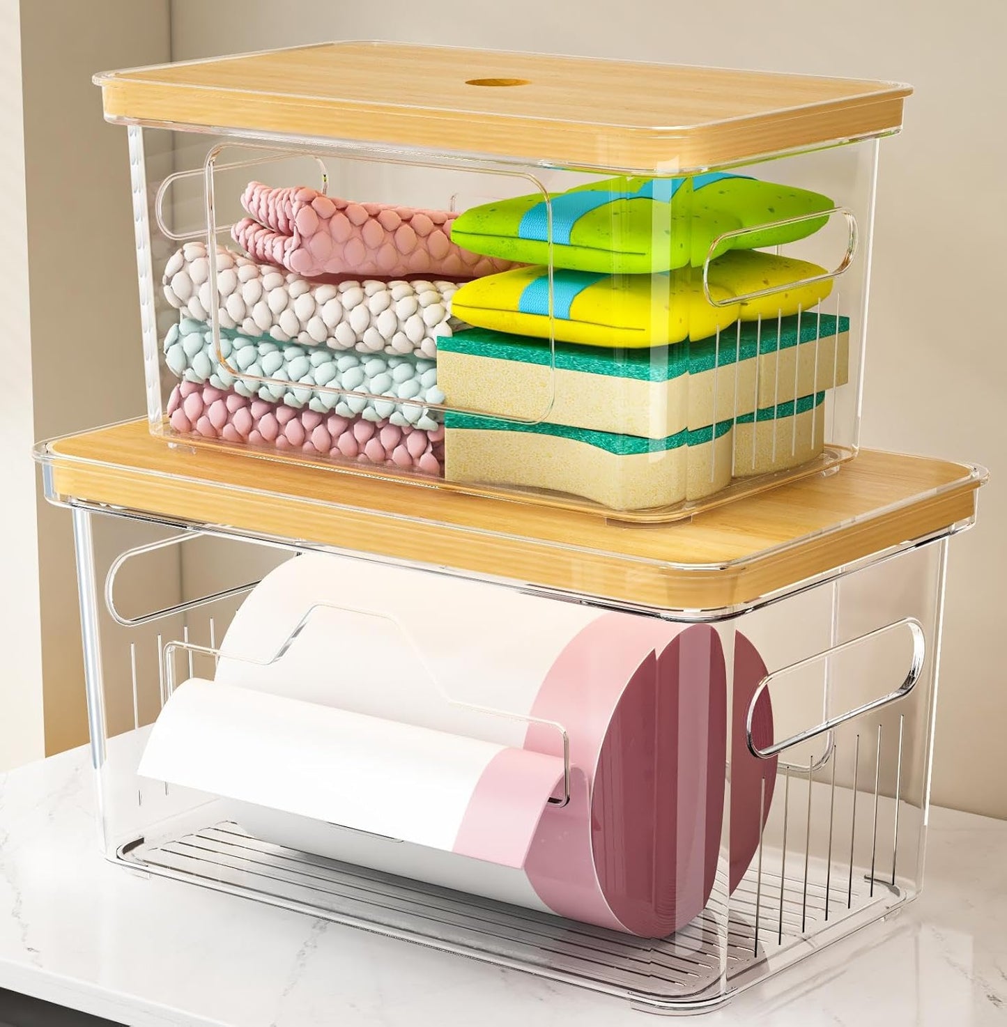 2 Pack FELIZHOUSE Trash Bag Holder with Bamboo Lid, Stackable Garbage Bag Dispenser Under Sink , Storage Organizer