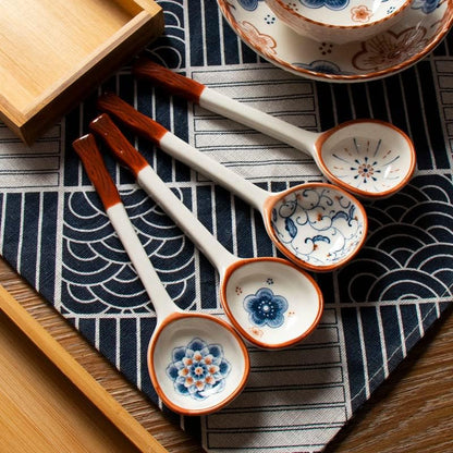 Chinese Handmade Ceramic Large Spoon, Long Handle Retro Porcelain Spoons for Ramen, Pho, Large Soup Spoons