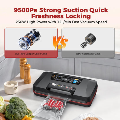 95KPa Vacuum Sealer Machine for Food, Automatic with Dual 12mm Heat Seal, 10-in-1 Modes, Built-in Cutter & Bag Storage, Includes 1 Roll and 10 Pre-Cut Bags