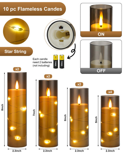Enido Flameless LED Candles with Remote & Timer, Battery Operated Acrylic Pillar Set, 5 Pc Flickering Electric Lights with Embedded Star String for Cozy Home & Holiday Romantic Decor (Grey)