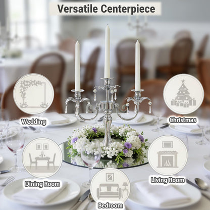KEHAIL Metal 3 Arm Candelabra with Crystal Pendants - 11.8 Inch Tall Candle Holders, Set of 2 - Elegant Taper Candlestick Stand for Wedding, Dining Table, Christmas Party Home Decoration (2, Silver)