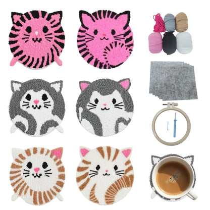 57lilina Punch Needle Coaster Kit for Adults Beginners Kids, 6 Set Complete Animal Cat Punch Needle Stitching Embroidery Art Kit, Step-by-Step Guide Make Punch Needling Drink Coasters for Starter