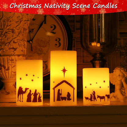 Nuanchu 3 Pcs Nativity Scene Candles Flameless Christmas LED Candles Battery Operated Warm Light for Advent Indoor Outdoor Home Table Decorations Christmas Holiday Decor