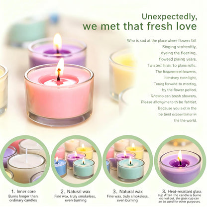 7–8 Hour Long-Burning Scented Tea Lights (6-Pack) — Assorted Scented Candles in Glass Cups | Smokeless & Aromatic — Ideal for Home, Weddings, Parties, and Gifting (White)