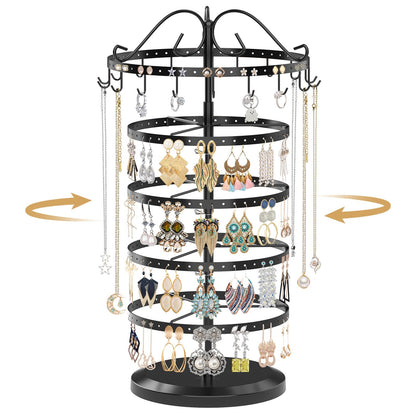 MODOWEY Rotating Jewelry Holder Organizer Stand, 5 Tier Metal Adjustable Display Tree, 228 Hole Earring Tower for Stud Dangle, 17 Hook Necklace Bracelet Storage Rack, Versatile Compact Hanger, Black