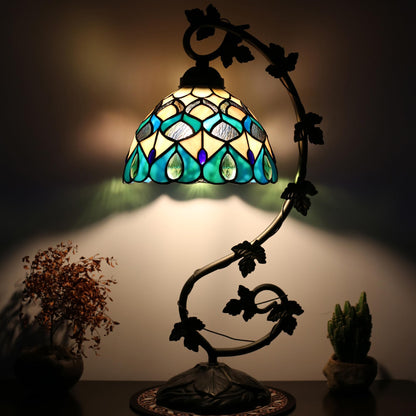 ZYLINX Tiffany Lamp Stained Glass Style Table Lamp 8 x 10 x 21” Peacock Feather Bedside Reading Light with Arched Metal Leaf Base for Desk Bedroom Living Room Study