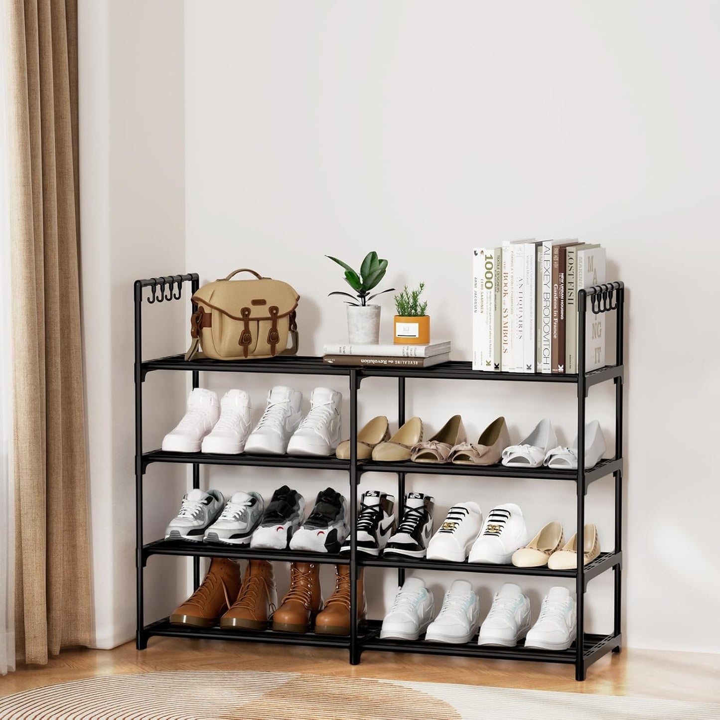 DYJIEKAI 2 4 16-20 Closet, Rows Tier Shoe Rack, Black Metal Stackable Shoe Shelf with Multifunctional Hooks, Hold