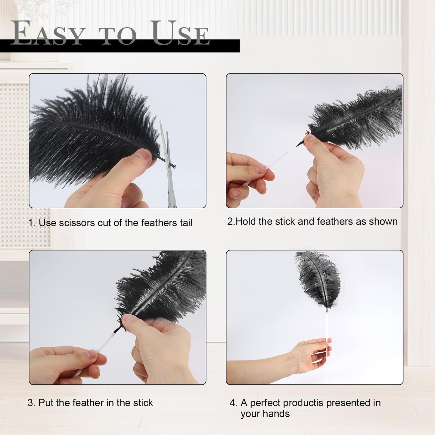 80pcs 15-17 inches (38-43 cm) Natural Bulk Ostrich Feathers Kit. Kits Contain 8-10 inches of Feathers and 7 inches of White Feather Sticks.for Various DIY Projects. (Black, 8-10-Inch)