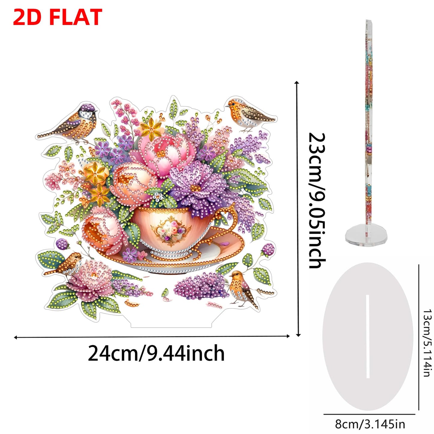 C'eitura 2D Flat Acrylic Diamond Art Painting Kit, Flower in Cup Special Shaped Diamond Art for Desk Decor, DIY Desktop Ornament for Adults & Beginners, Cute Home Office Decoration 24x22cm