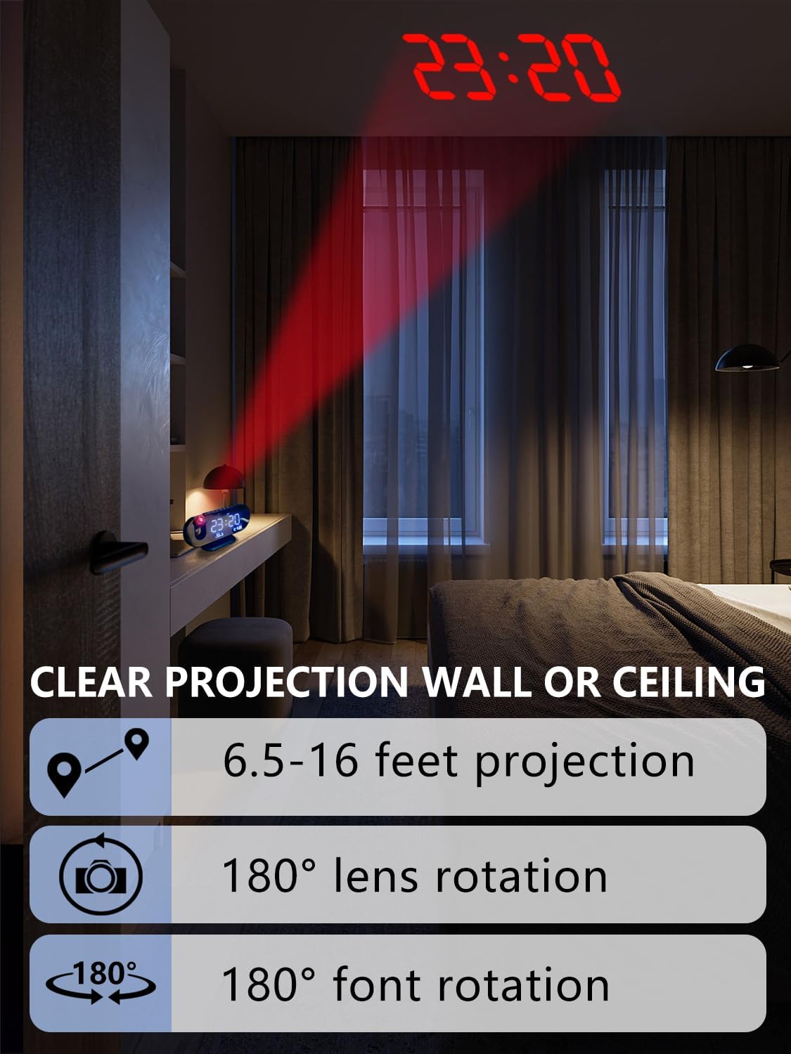 Projection Alarm Clock 2024 with 180° Rotatable Projector for Bedroom Ceiling, Clear LED Display and USB Charger