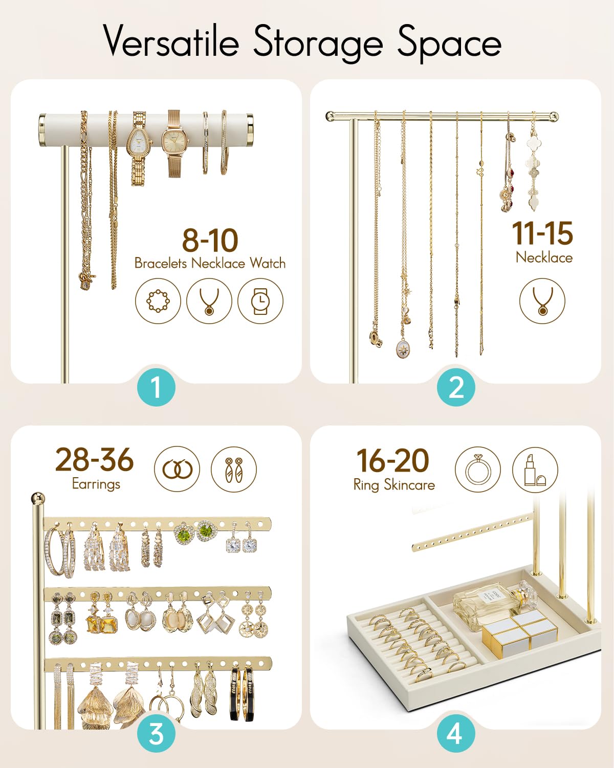 VLANDO Jewelry Stand Organizer with Ring Holder Tray, Necklace and Earring Storage for Bracelets, Watches and Rings, PU Leather Covered Wooden Tray with Gold Metal Frame - Beige