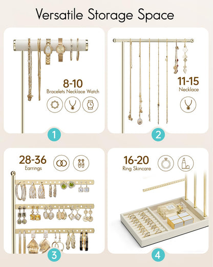 VLANDO Jewelry Stand Organizer with Ring Holder Tray, Necklace and Earring Storage for Bracelets, Watches and Rings, PU Leather Covered Wooden Tray with Gold Metal Frame - Beige