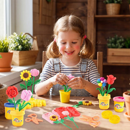 Clay Flower Pot Plant Play Set - 15PCS Modeling Dough Play Kit for Kids Ages 3-8, Non-Toxic Playdough with Molds & Tools, Easter/Christmas Gift for Toddlers Boys Girls Arts Crafts