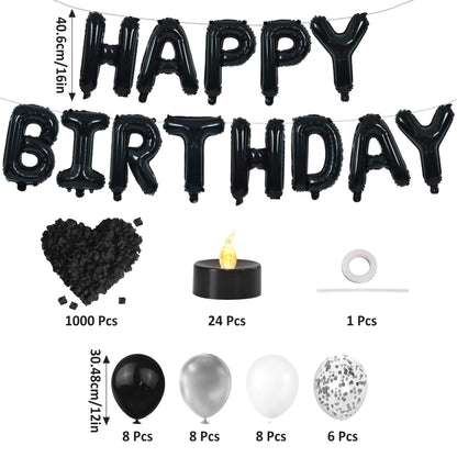 Birthday Decorations for Men - Black and Silver Birthday Decorations Include Letter Balloon Banner & Balloons & 1000 PCS Rose Petals & 24 Pack LED Tealight Candle, Black and Silver Party Supplies