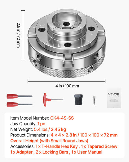 VEVOR 4 Inch Wood Lathe Chuck, 4-Jaw, Self-Centering Wood Turning Chuck Set with 1" x 8TPI Thread & Adapter, Nickel-Plated, High-Hardness Steel, Inside Clamping & Outside Support, for Woodworking