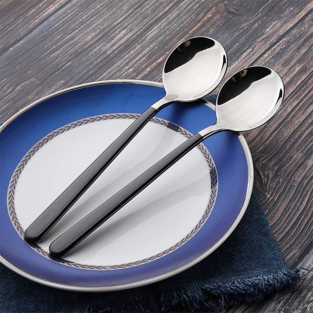 4-Piece Stainless Steel Dinner Spoons, 8 inches Comfort Long Handle, Mirror Polished Flatware, Dishwasher Safe (Black)