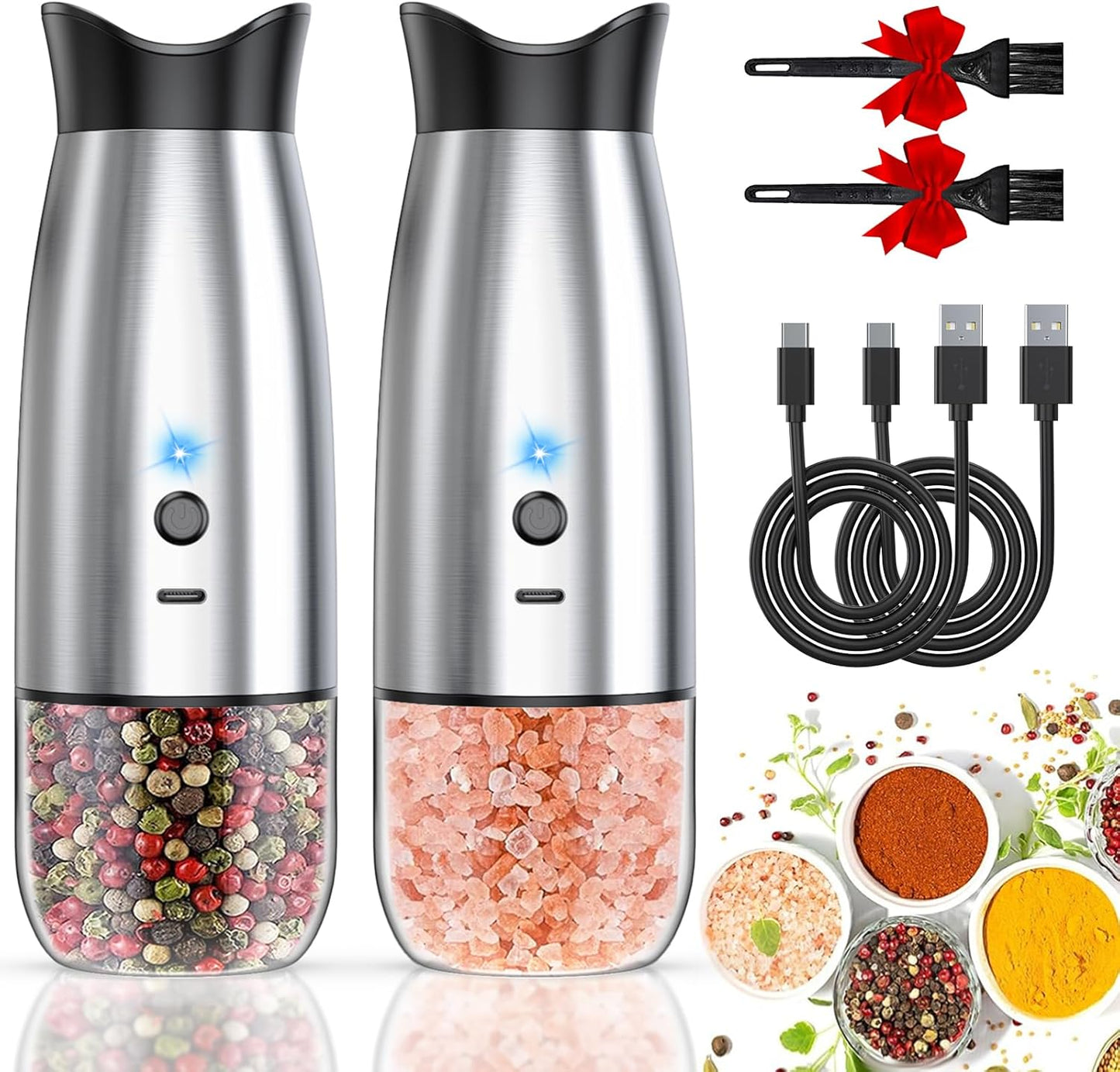 Set, Electric Salt and Pepper Grinder Rechargeable Automatic Pepper Mill Grinder with LED House Warming Gifts New Home