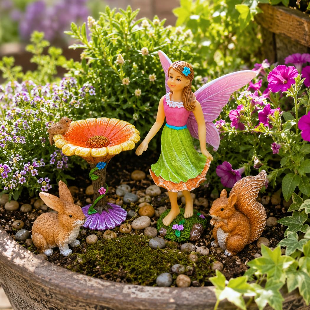 Mood Lab Fairy Garden Figurines with Flower - Miniature Decor Set (4 pcs) - Statues & Accessories - Outdoor Indoor Garden Decor