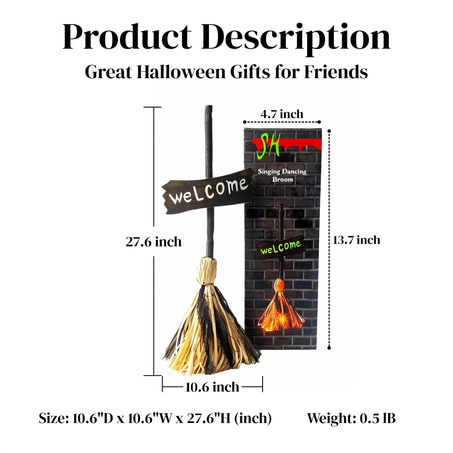 Halloween Witches Decor, Witches Broom Halloween Decor, Animated Floating Broomstick for Spooky Sounds, Haunted Party Decorations, Light-up Dancing Magic Witch Broom Porch Decor