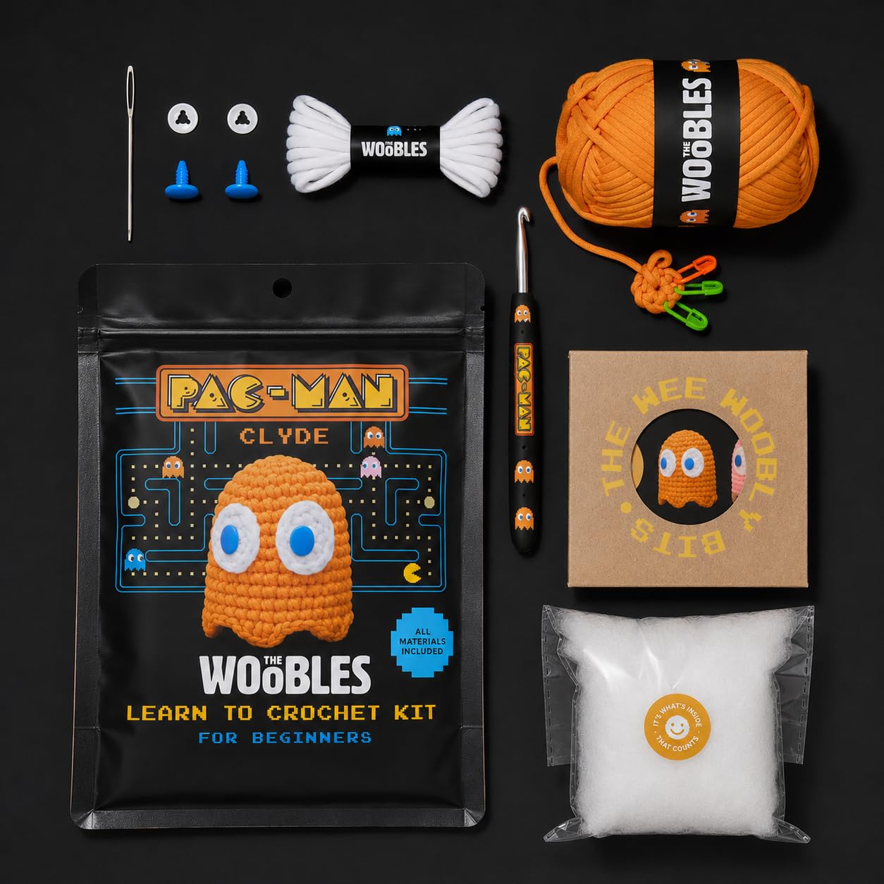 The Woobles Clyde Crochet Kit for Beginners - Officially Licensed PAC-MAN Ghost Amigurumi Kit, As Seen on Shark Tank, 4-in Plush, Ages 12+
