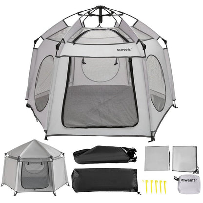 Asweets 4 in 1 Pop Up Playpen Indoor and Outdoor Portable, Lightweight Baby Playpen with Travel Bag,Baby Beach Tent and Play Toddler Play Yard Canopy(Light Grey)