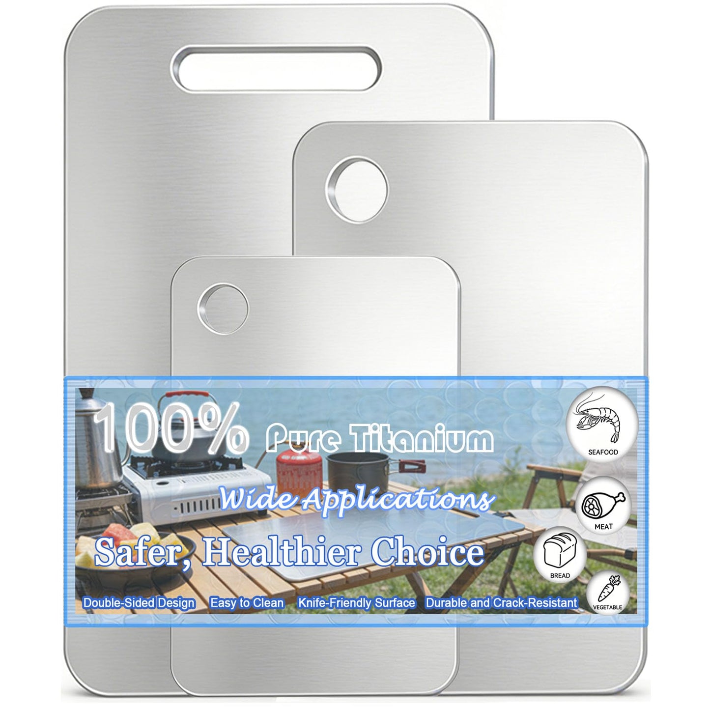 100% Pure Titanium Cutting Board Set of 3, Double-Sided Titanium Cutting Boards for Kitchen Dishwasher Safe, Camping Metal Charcuterie Chopping Board Mat for Meat, Fruit & Cheese (M+L+XL)