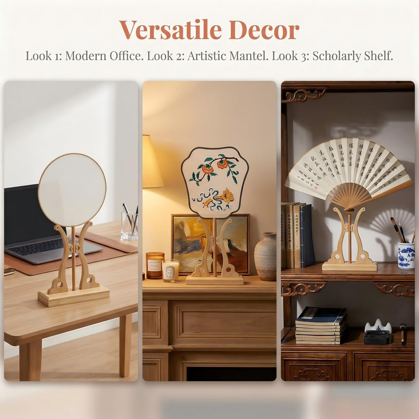 QIZUOLIFE Bamboo Fan Display Stand, Sturdy Holder for Chinese Tuan Shan, Embroidery Round Fan, Elegant Desktop Decor Stand