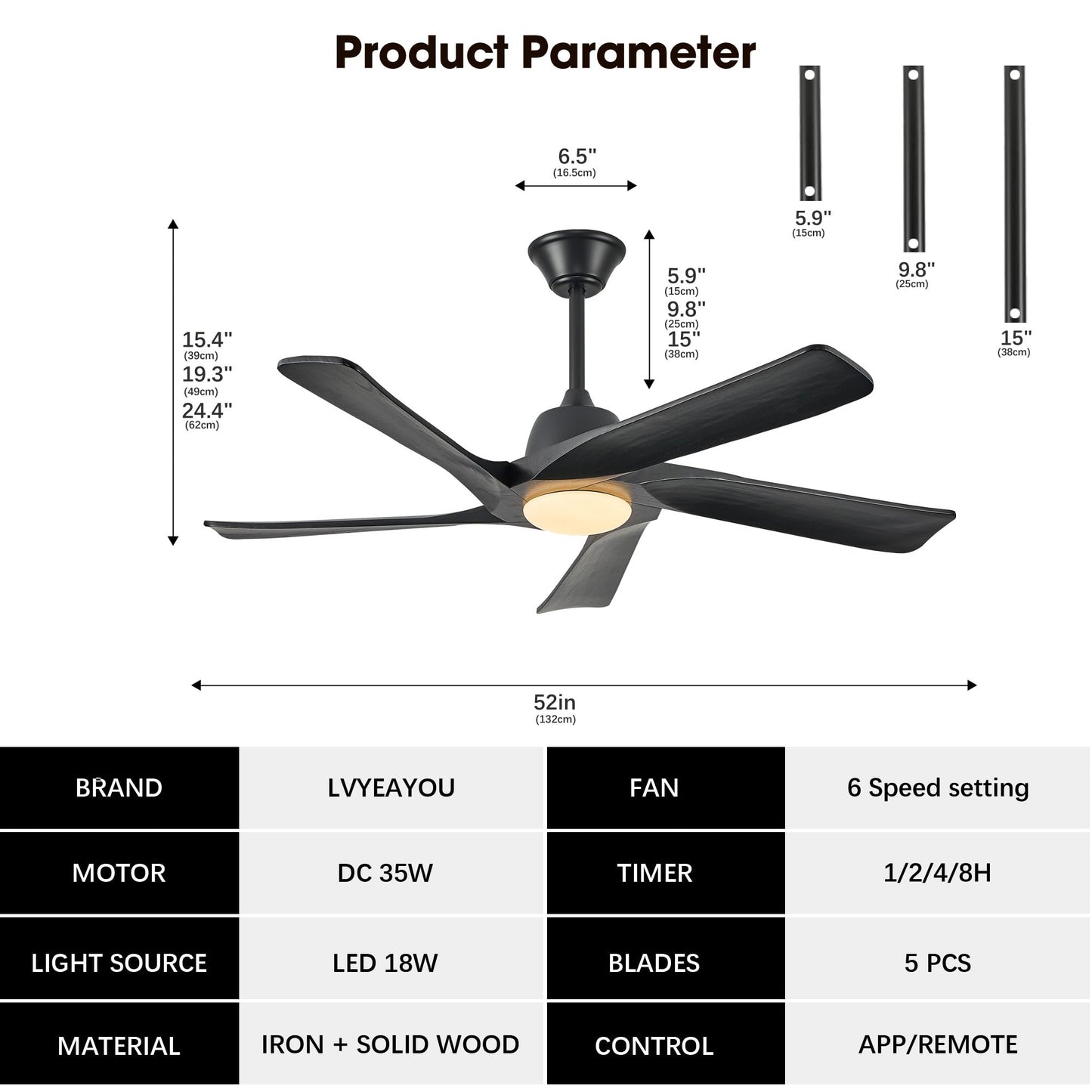 LVYEAYOU Ceiling Fan with Light, 52 Inch Solid Wood Ceiling Fans, Remote and APP Control, 3-color Dimmable, DC Motor, 6-speed Reversible, for Bedroom, Living Room, Black