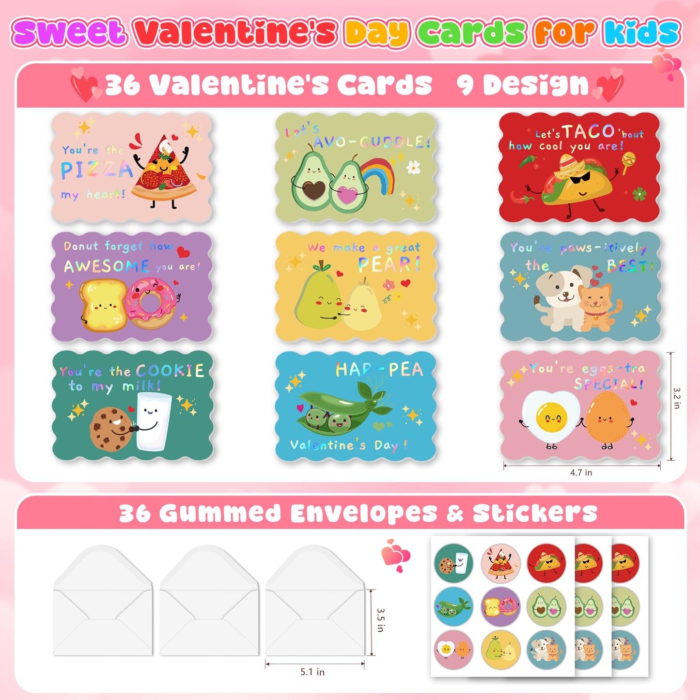 36 Pack Valentines Day Cards for Kids School, Gold Foil 4.7x3.2in Cute Classroom Cards with Envelopes & Stickers, 9 Fun Designs for School Exchange, Perfect for Kids, Friends, and Valentine’s Day Parties