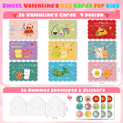 36 Pack Valentines Day Cards for Kids School, Gold Foil 4.7x3.2in Cute Classroom Cards with Envelopes & Stickers, 9 Fun Designs for School Exchange, Perfect for Kids, Friends, and Valentine’s Day Parties