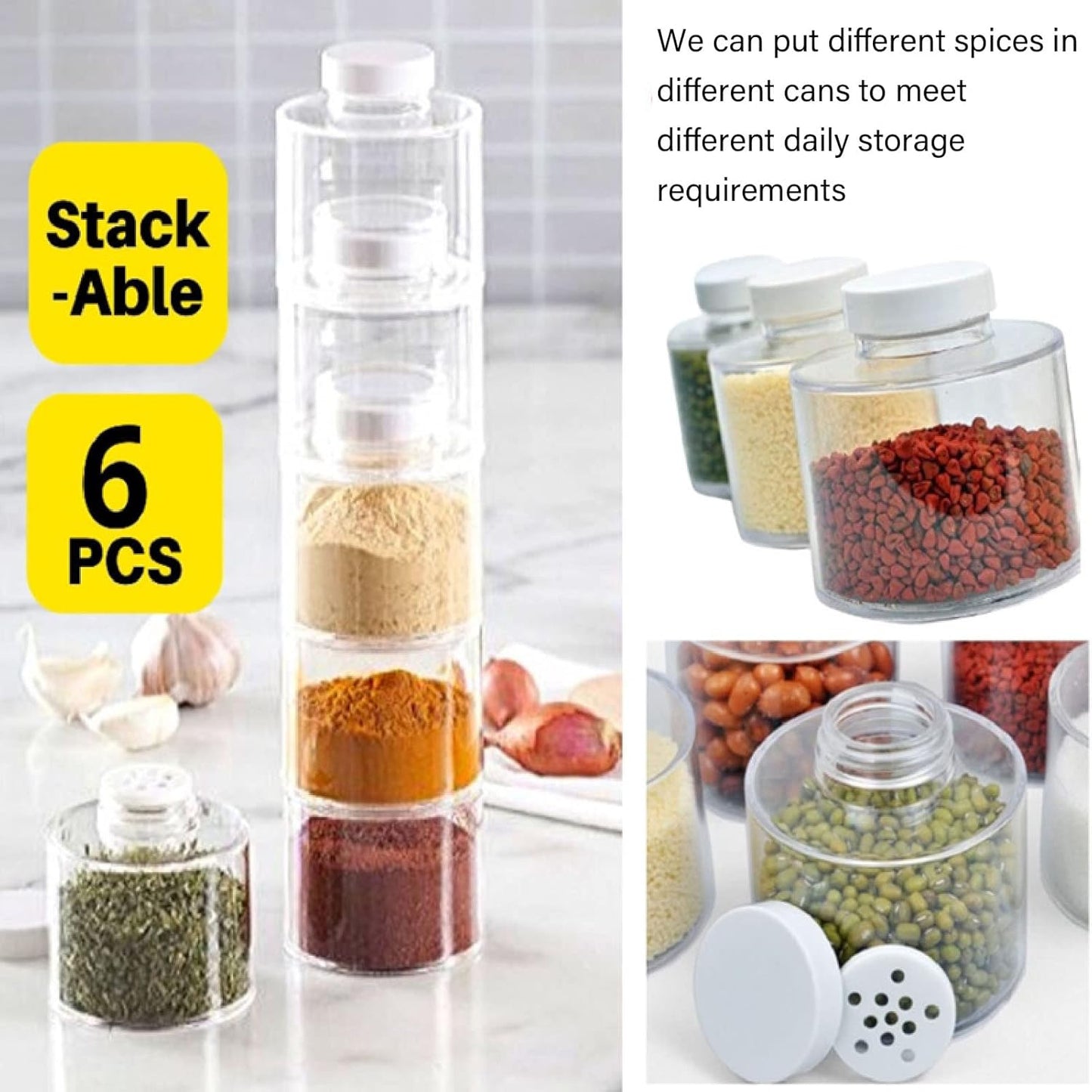6 Pcs Stackable Spice Pot, Transparent Seasoning Bottles, Space Saving Storage Solution for Kitchen, BPA Free