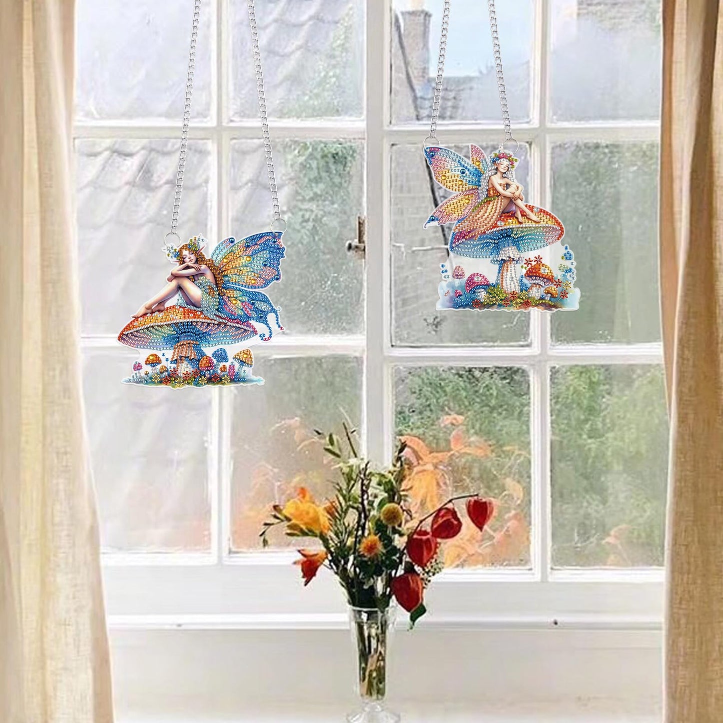 LazyFold 2PCS Diamond Art Hanging Pendant Kits for Adults, Mushroom Fairy DIY 5D Special Shape Diamond Art Painting Pendant Kits,Gem Art Suncatchers Painting Ornament for Home Garden Wall Decor Gift