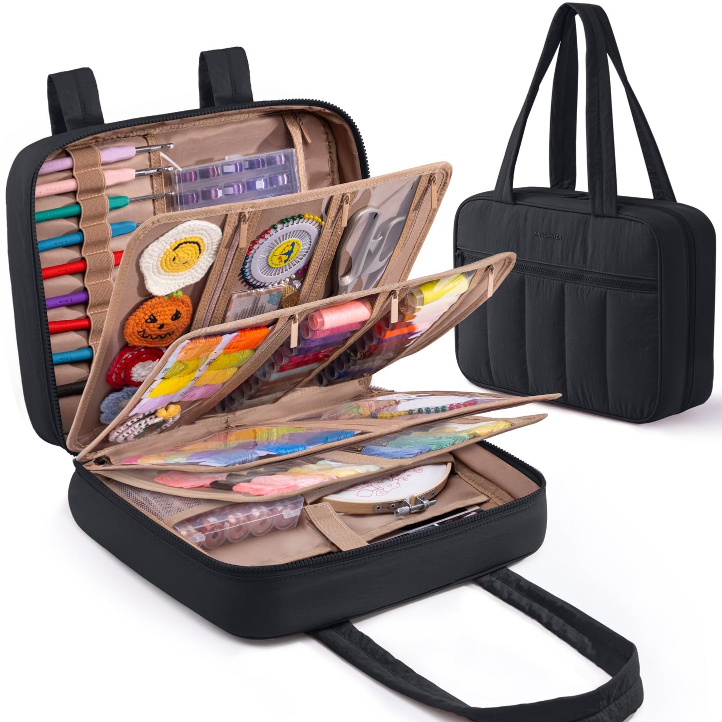 AMOIGEE Sewing Supplies Organizer Bag, Large Craft Storage Tote with 17 Clear Pockets&Tool Holders, Portable Crochet Knitting Embroidery Organizer Case for Threads, Hooks, Needles & Sewing Accessories